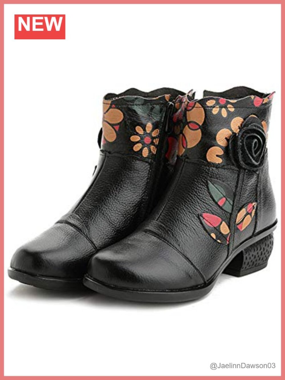 Women's Leather Low Heel Fleece Lined Zip Block Heel Ankle Boots